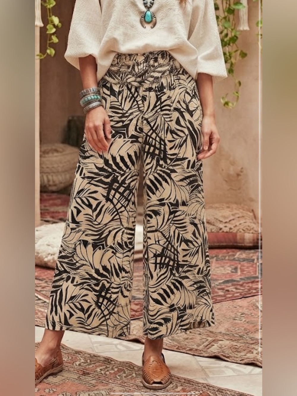 Patrons of Peace Tropical Wide-Leg Palazzo Pants Medium Black Cream Palm Print